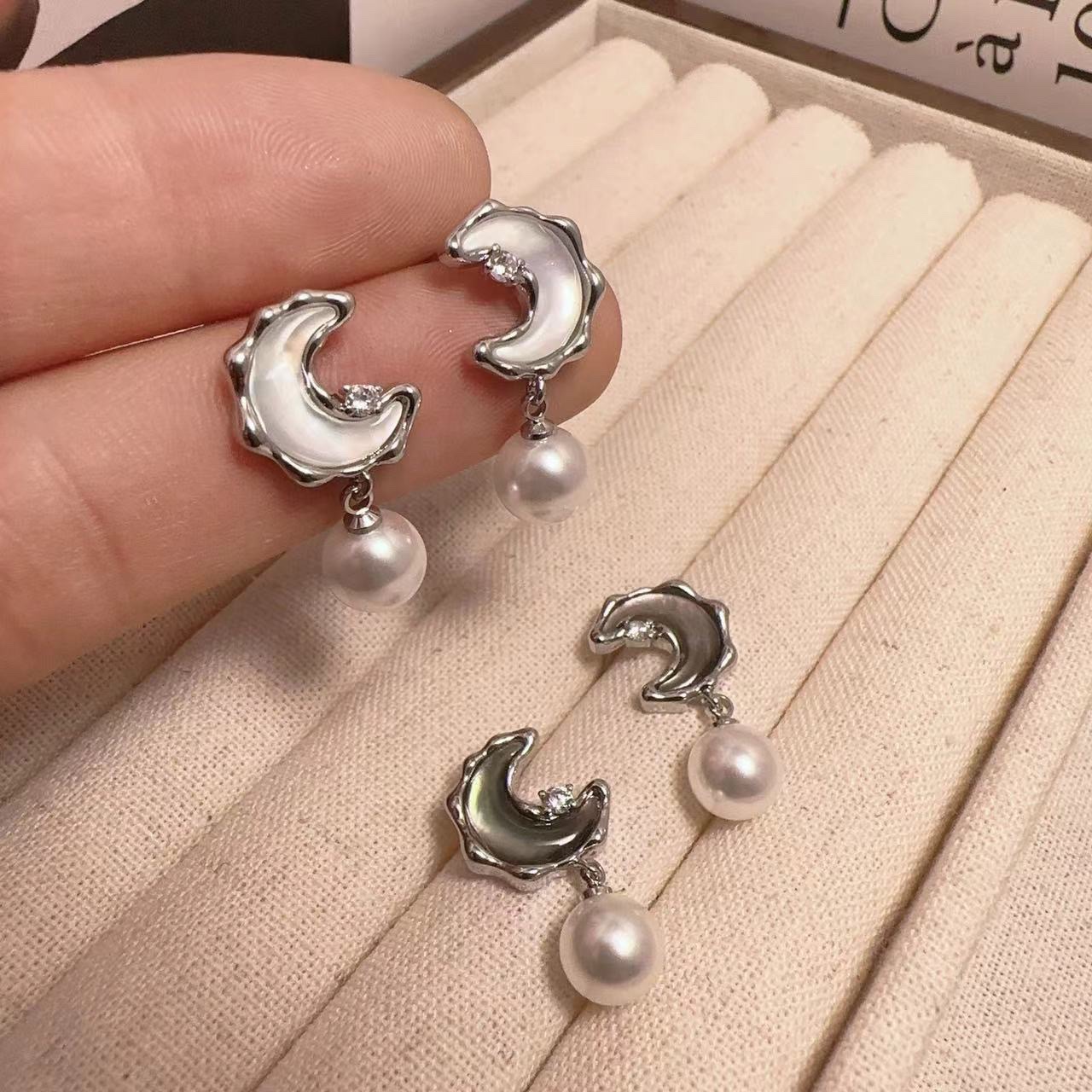 Silver needle zirconia moon pearl stud earrings, elegant and high-end style, versatile earrings, niche design, ear pendants, ear bone stud earrings details Picture