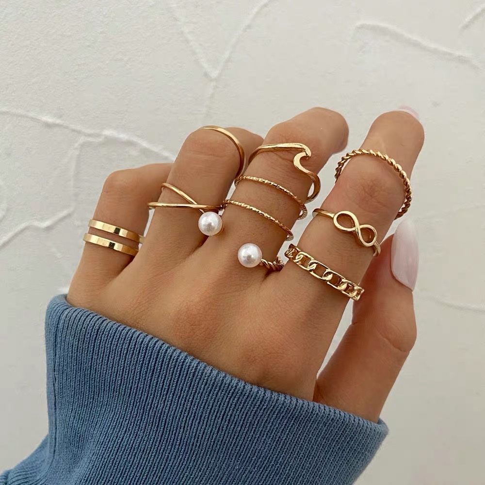 Pearl ring 10-piece women's jewelry set开口珍珠戒指10件套戒指金戒指女时尚