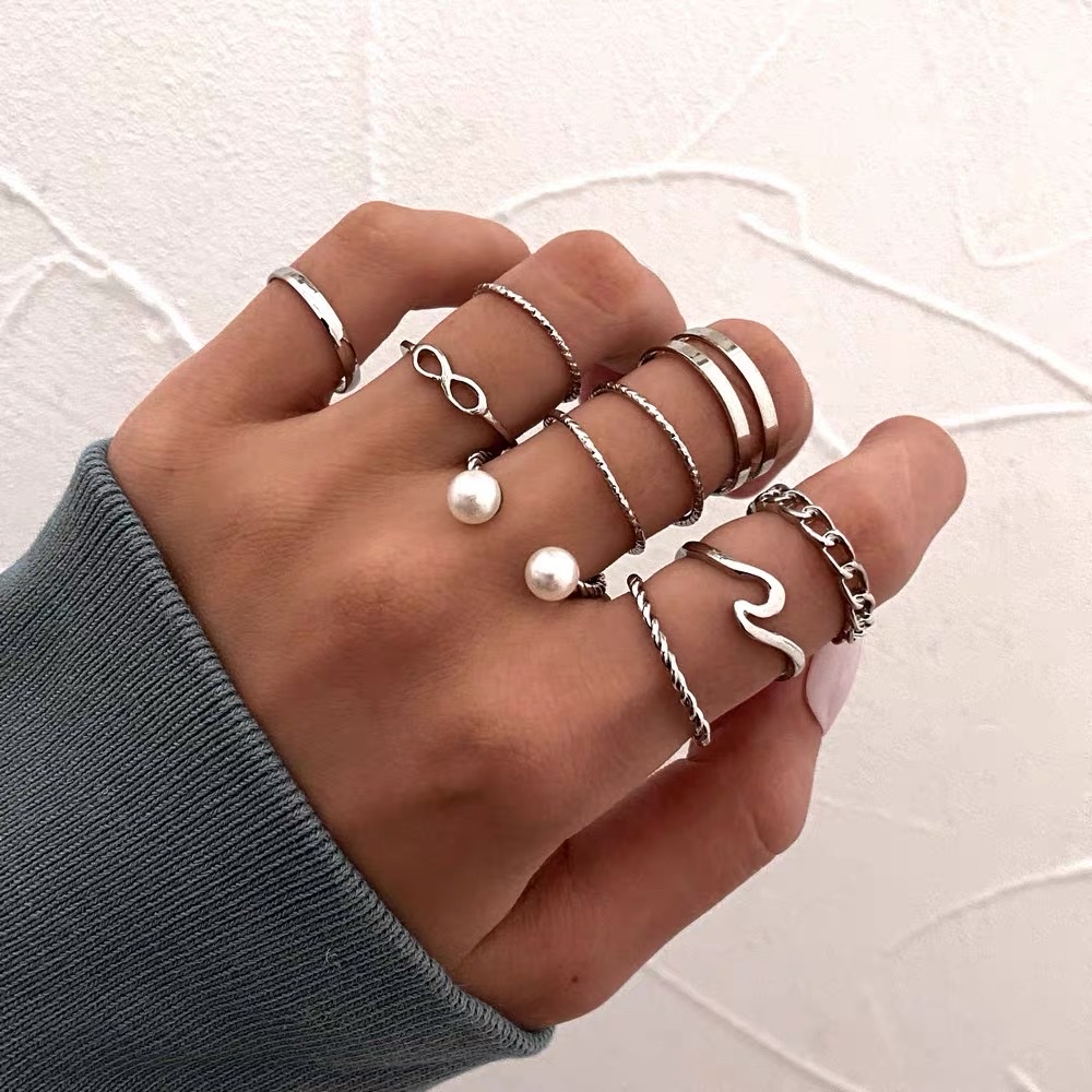 Pearl ring 10-piece women's jewelry set开口珍珠戒指10件套戒指金戒指女时尚产品图