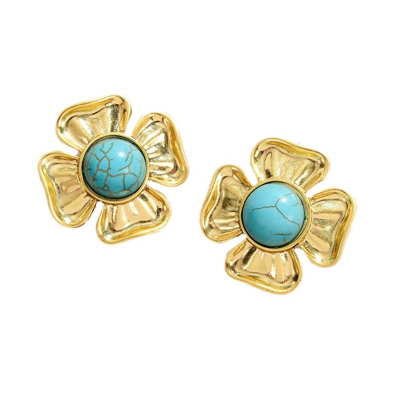 Turquoise earrings, French retro silver needle earrings, niche style, vintage flower stud earrings, exquisite, fashionable and high-end accessory earrings detail image 9