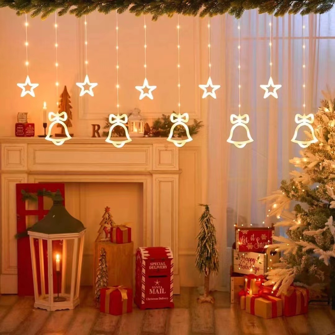10挂皮线新款圣诞挂件窗帘灯 铃铛 乳白色节日灯户外灯串彩灯灯饰喜庆