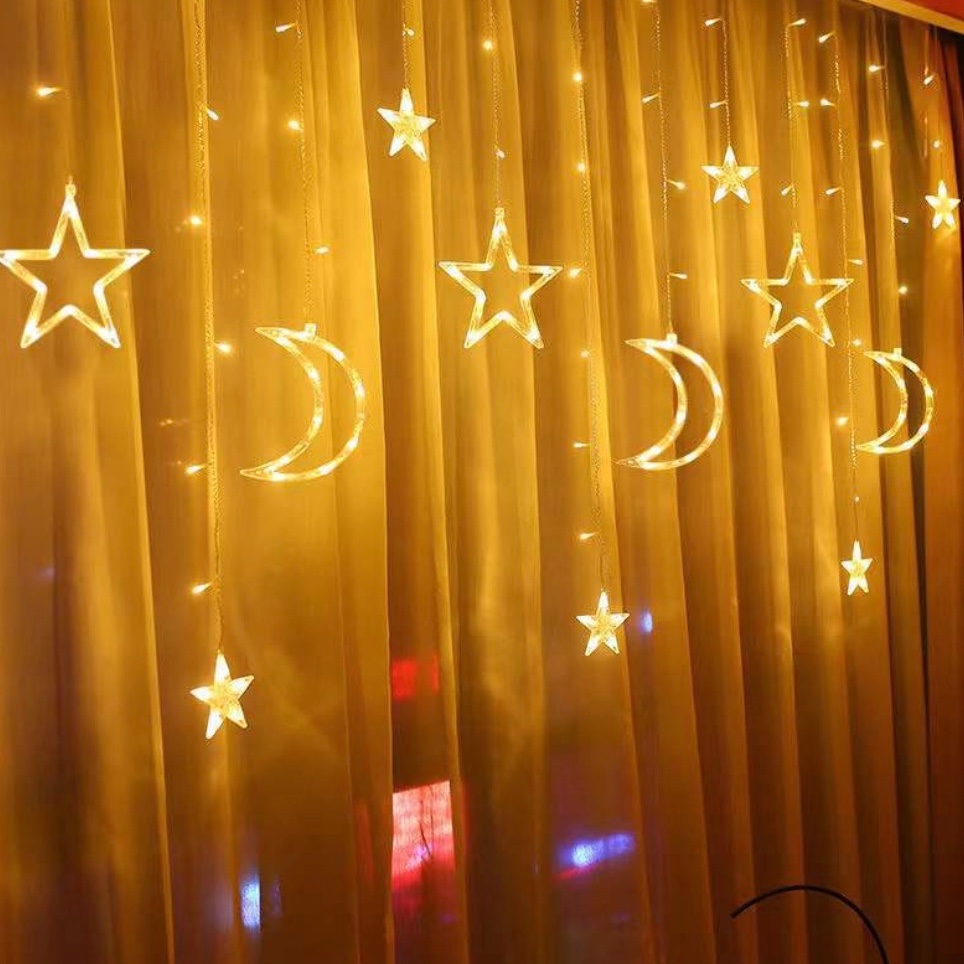 LED圣诞节窗帘灯彩灯闪灯橱窗挂灯月亮星星造型灯卧室房间装饰灯白底实物图