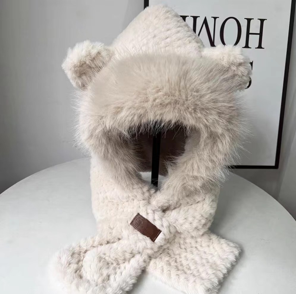 可爱小熊毛绒帽子女款冬季围巾一体保暖护耳帽加厚围脖防寒雷锋帽详情图6