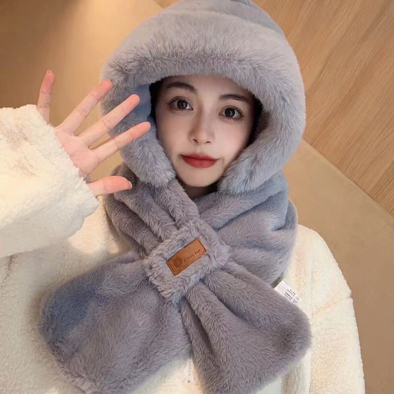 成人秋冬季毛绒绒新款毛可爱韩版围巾2024冬女生款}一体帽子连帽详情图3