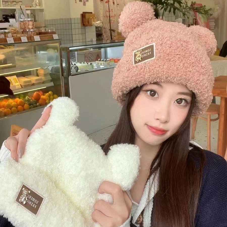 冬季可爱卡通小熊耳朵毛线帽子女日系保暖毛绒加厚护耳学生针织帽