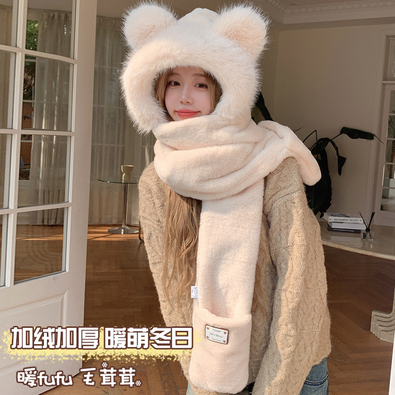 帽子女款冬季2024新款连帽围巾一体女可爱毛绒加厚绒保暖三件套冬详情图2