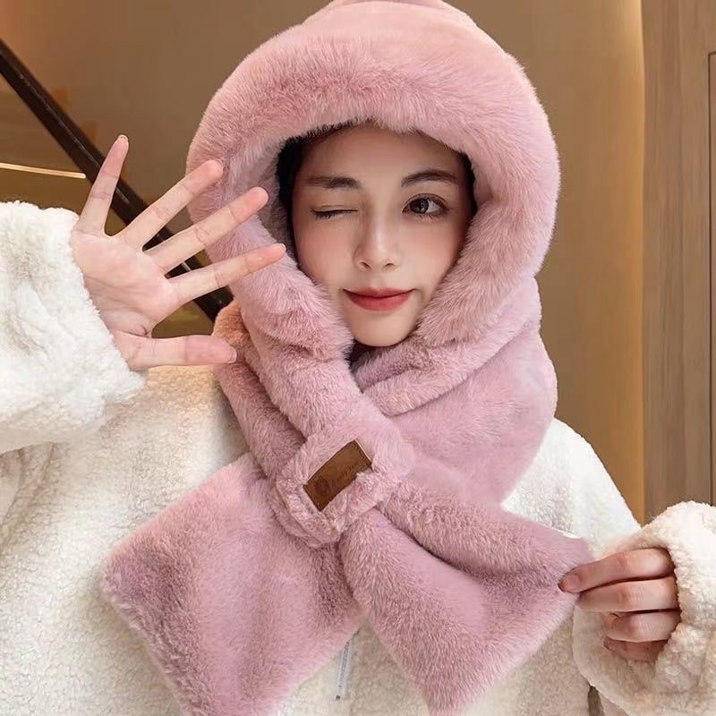 成人秋冬季毛绒绒新款毛可爱韩版围巾2024冬女生款}一体帽子连帽产品图