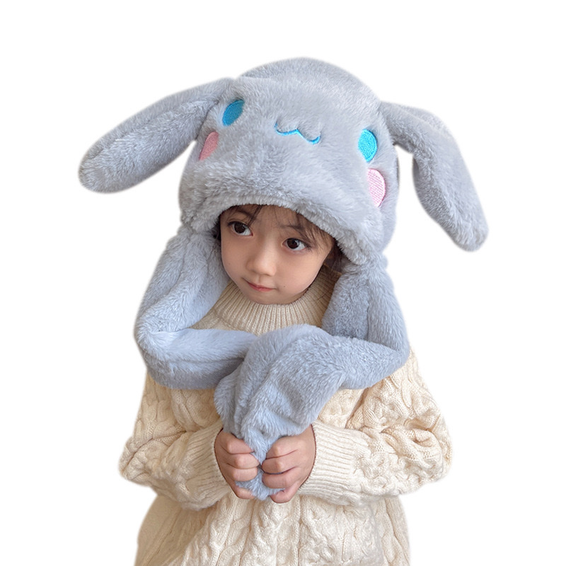 小兔子耳朵会动儿童帽子冬季女孩男童毛绒围巾连帽一体防风雷锋帽