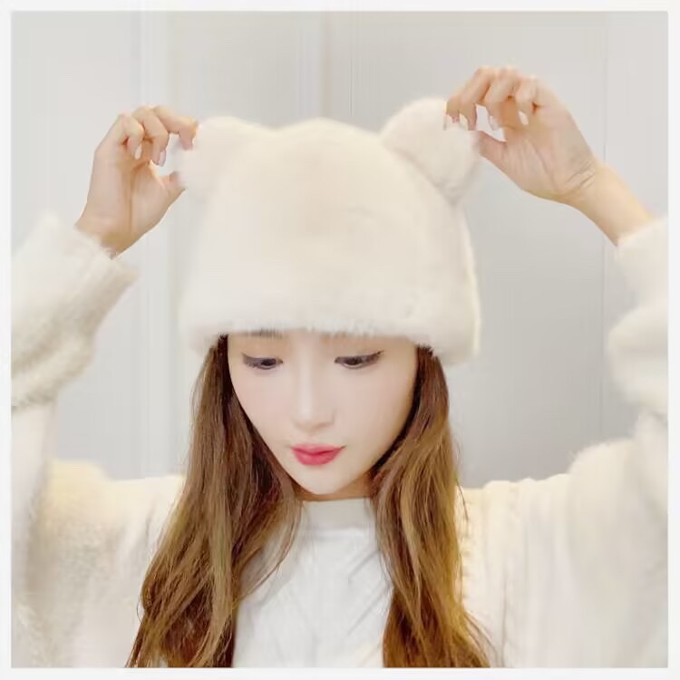 2024新款时尚潮流夏季保暖欧貂绒小熊耳朵帽子女士皮草帽子爆款