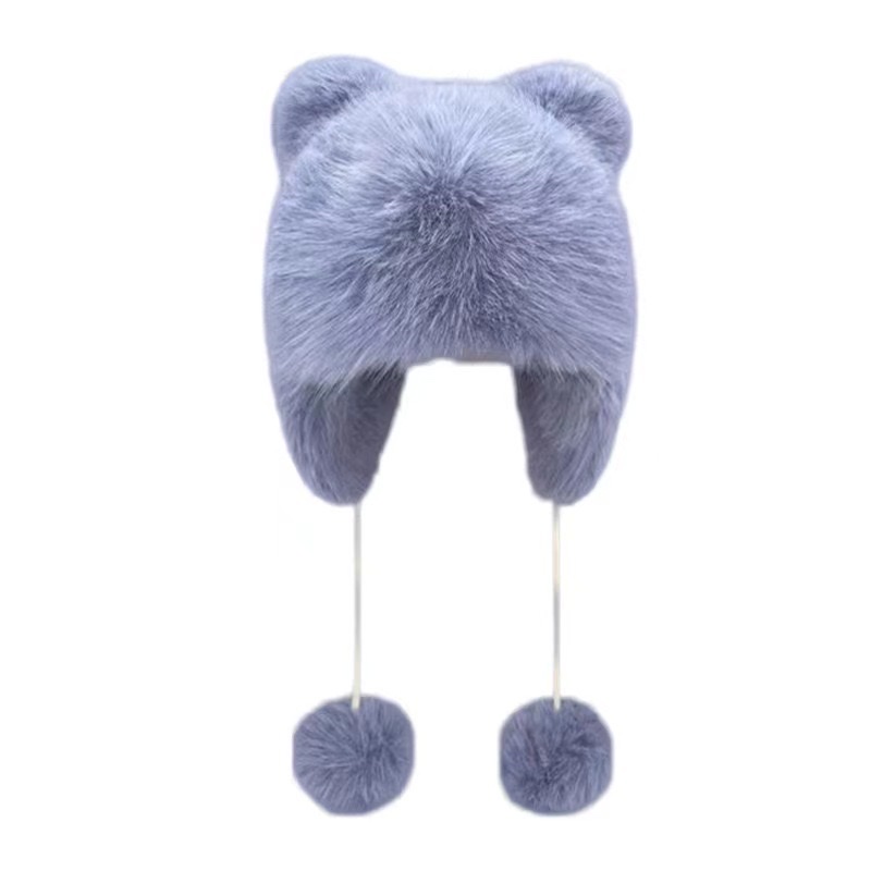 Cute little bear ear plush cap for women, thickened and warm mink hair hooded cap, fluffy ear-protecting Lei Feng cap detail image 4