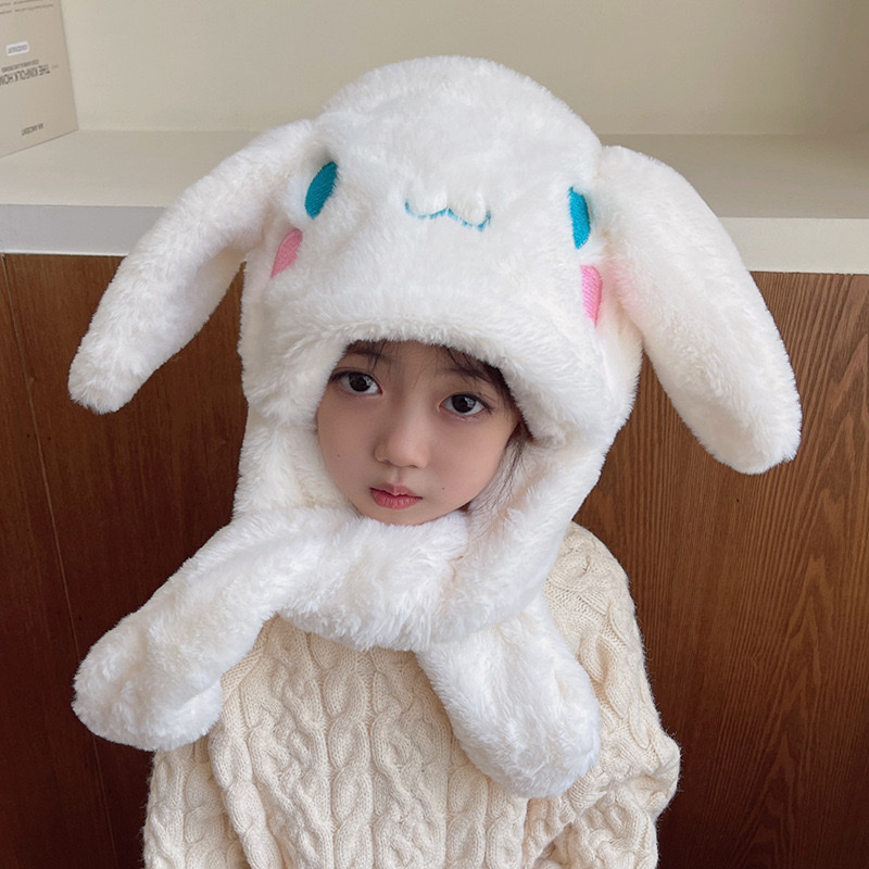 小兔子耳朵会动儿童帽子冬季女孩男童毛绒围巾连帽一体防风雷锋帽白底实物图