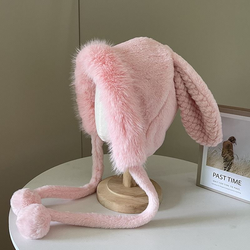 毛茸茸帽子女冬季可爱毛绒款兔耳朵大头围加厚保暖针织毛线雷锋帽 