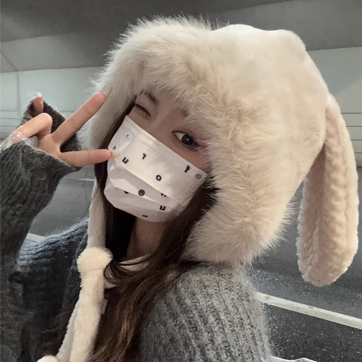 毛茸茸帽子女冬季可爱毛绒款兔耳朵大头围加厚保暖针织毛线雷锋帽 细节图