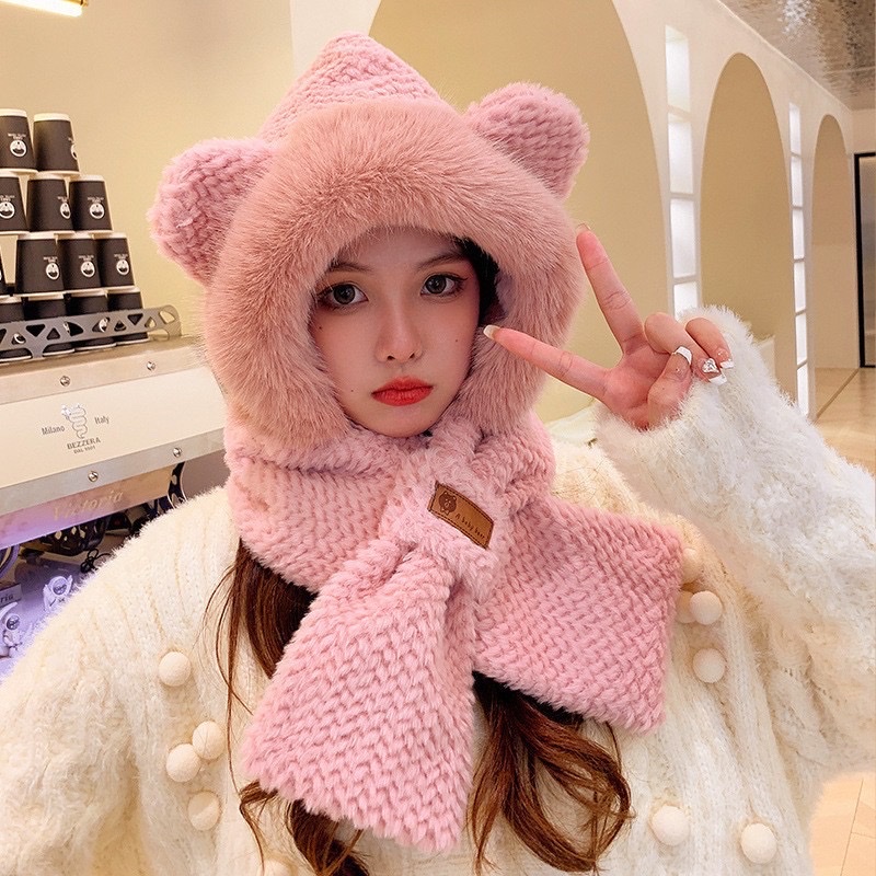 Cute little bear hat, scarf, two-piece set, winter cycling warm, windproof, ear-protecting gloves, woolen cap