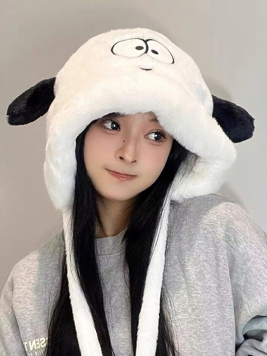 A plush puppy hat for women to keep warm while cycling in autumn and winter, a versatile black and white Lei Feng hat with a tie