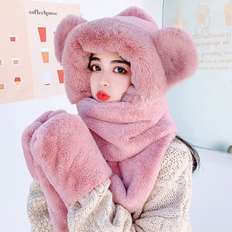 A thick, warm, trendy, and cute plush scarf set of three-piece hat for women in autumn and winter