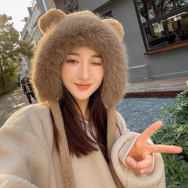 冬季可爱小熊帽子女毛茸茸保暖大毛边仿兔毛雷锋帽绑带防寒护耳帽 