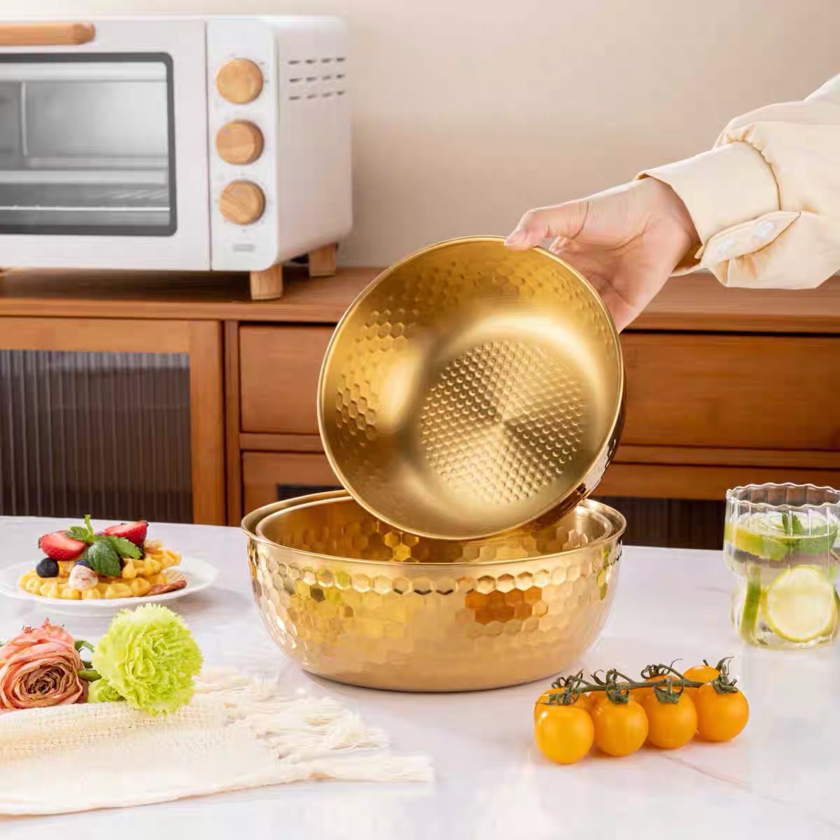 Korean-style stainless steel salad bowl, instant noodle bowl, hammer-patterned cold noodle bowl, large soup bowl, baking mixing bowl, cooking bowl, egg beating bowl detail image 5