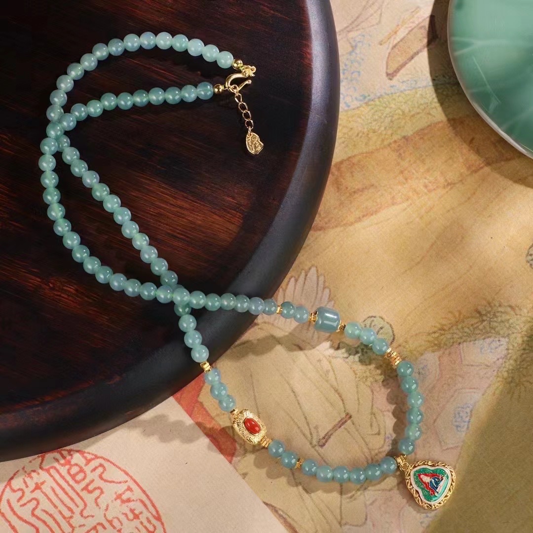 Jade necklace for women, Guatemalan blue water jade, silver-green plated mother, fashionable and exquisite silver jewelry necklace for women, patchwork style, elegant sweater chain, long style, versatile for women details Picture