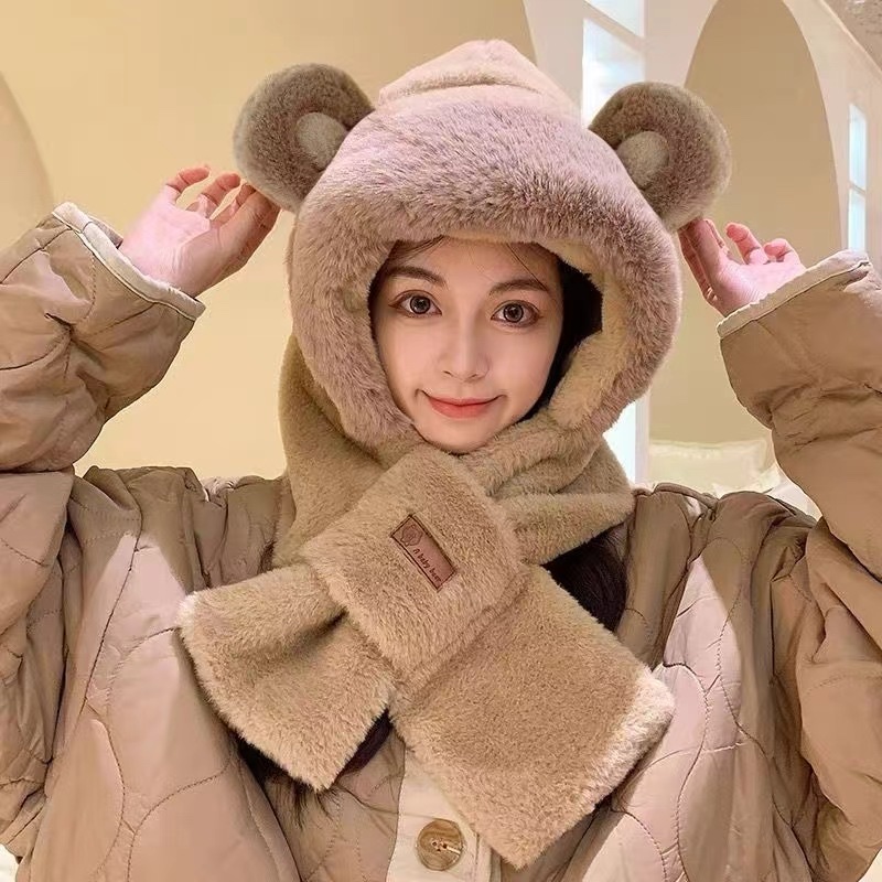New cute little bear hat, scarf, women's hooded two-piece set, thick and warm winter, versatile plush scarf