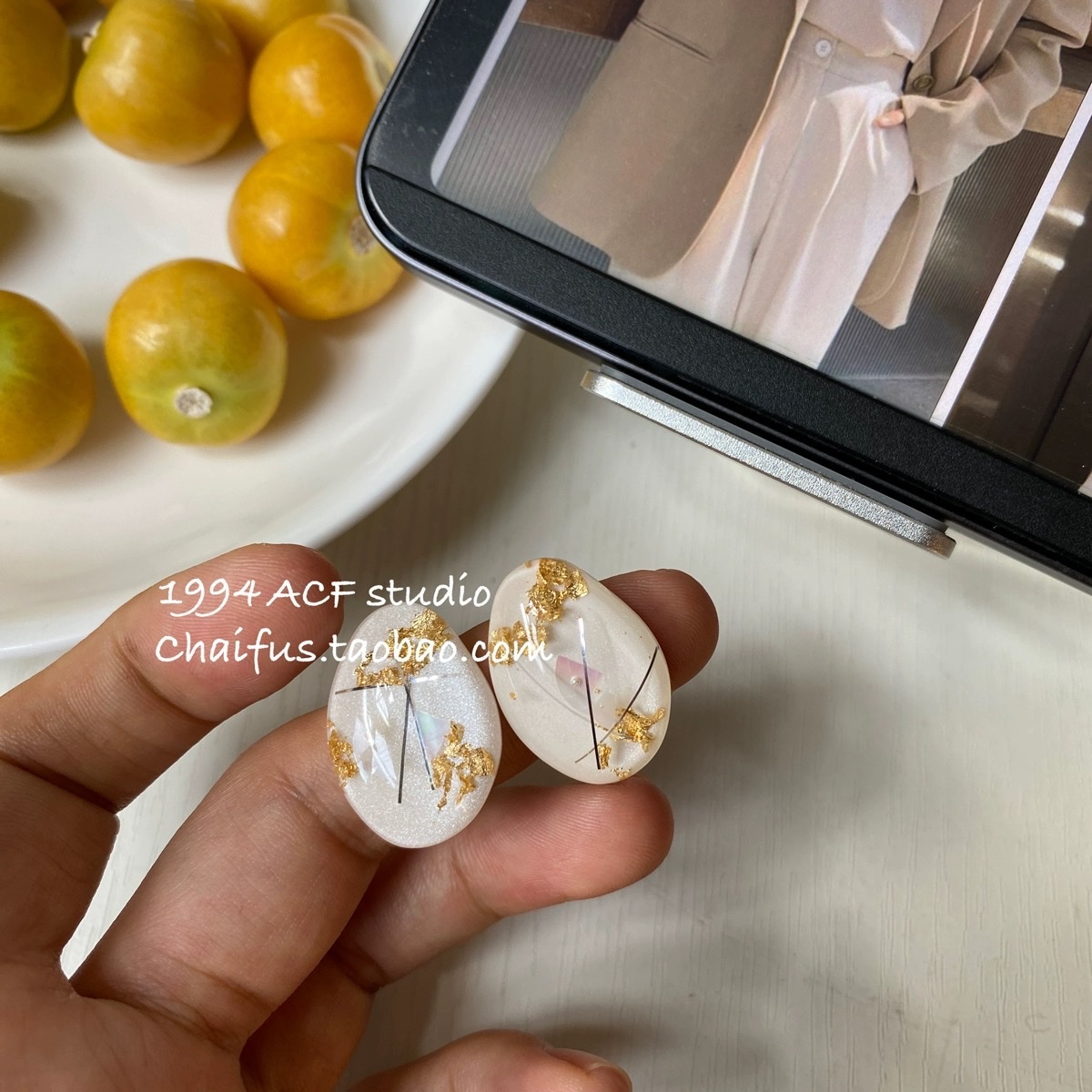 中式复古几何椭圆金箔耳钉气质温婉小众个性耳环。星露饰品 1