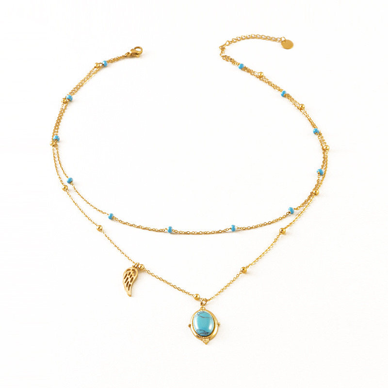 French retro double-layer collarbone chain, oval blue turquoise pendant, angel wing stacked necklace, new style that won't fade Item Picture