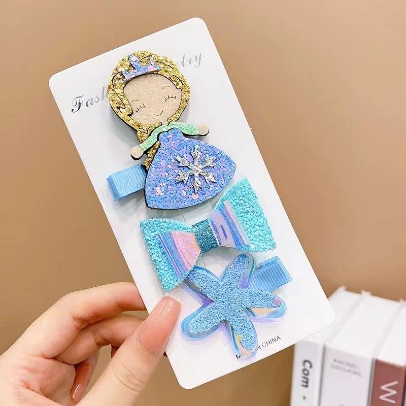 A sweet and cute three-piece blue cartoon girl hair clip set