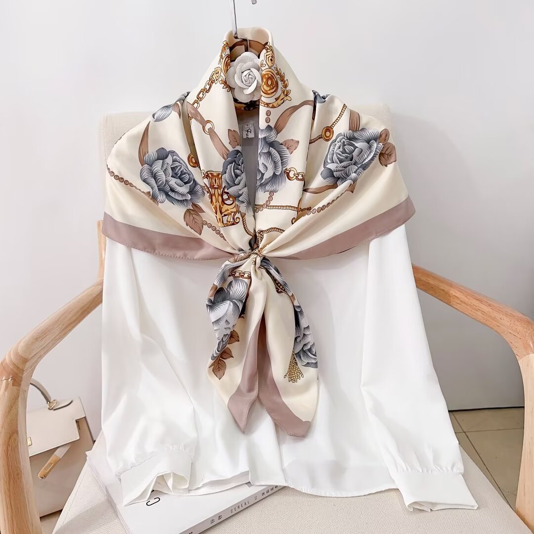 90 Square Scarf Twill Machine Printed Flower Chain Style Elegant 100 Popular Shawl Thin Sunscreen Simple Atmosphere Specification drawing