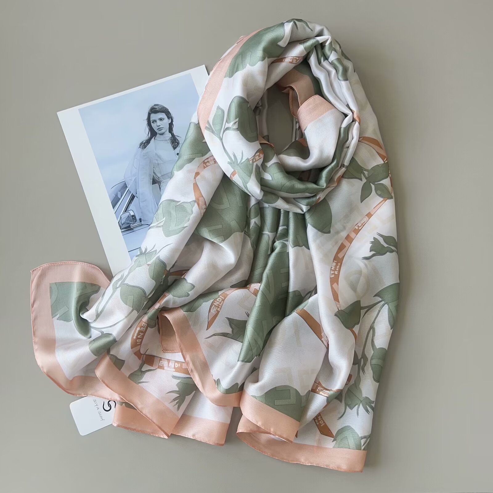 New Silk Satin Letter Flower Long Scarf Silky Smooth Long Silk Scarf Gauze Gauze Style Style All Scarf Sunblock Beach Towel Specification drawing