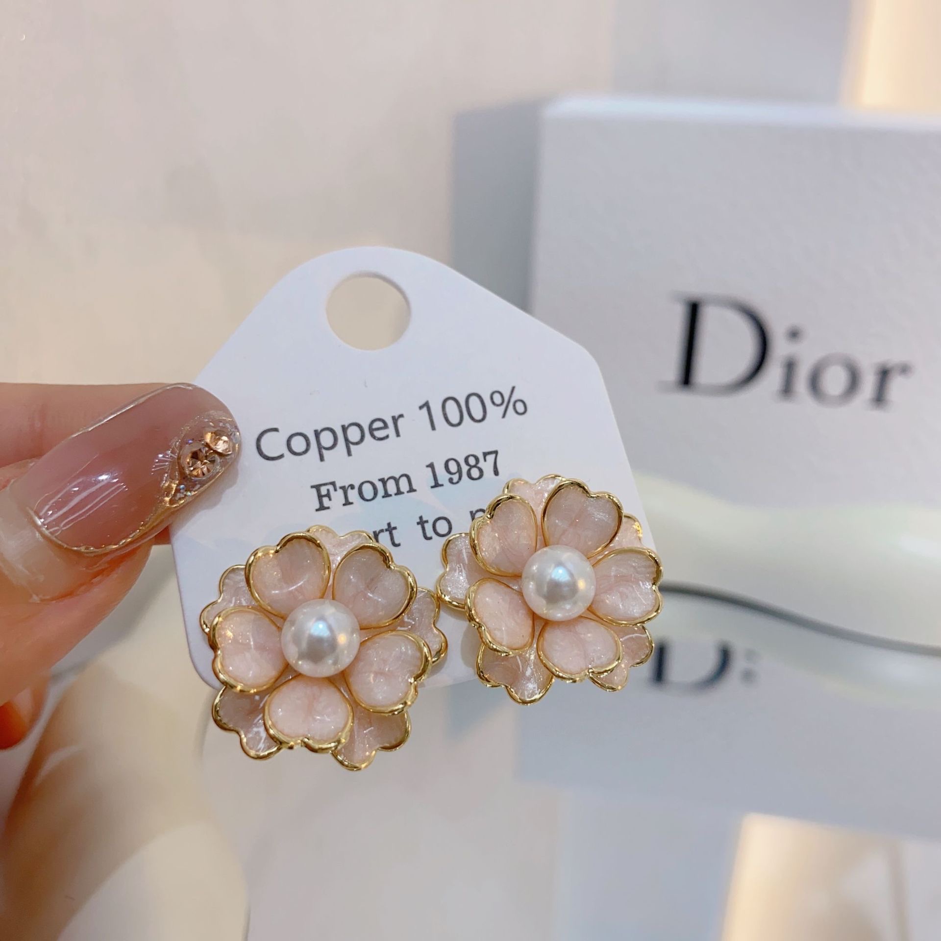 Copper plated with real gold, spring and summer cherry blossom pink enamel drop glaze earrings, new women's style, super gentle and fresh stud earrings, silver needle jewelry earrings, pearl earrings detail image 4