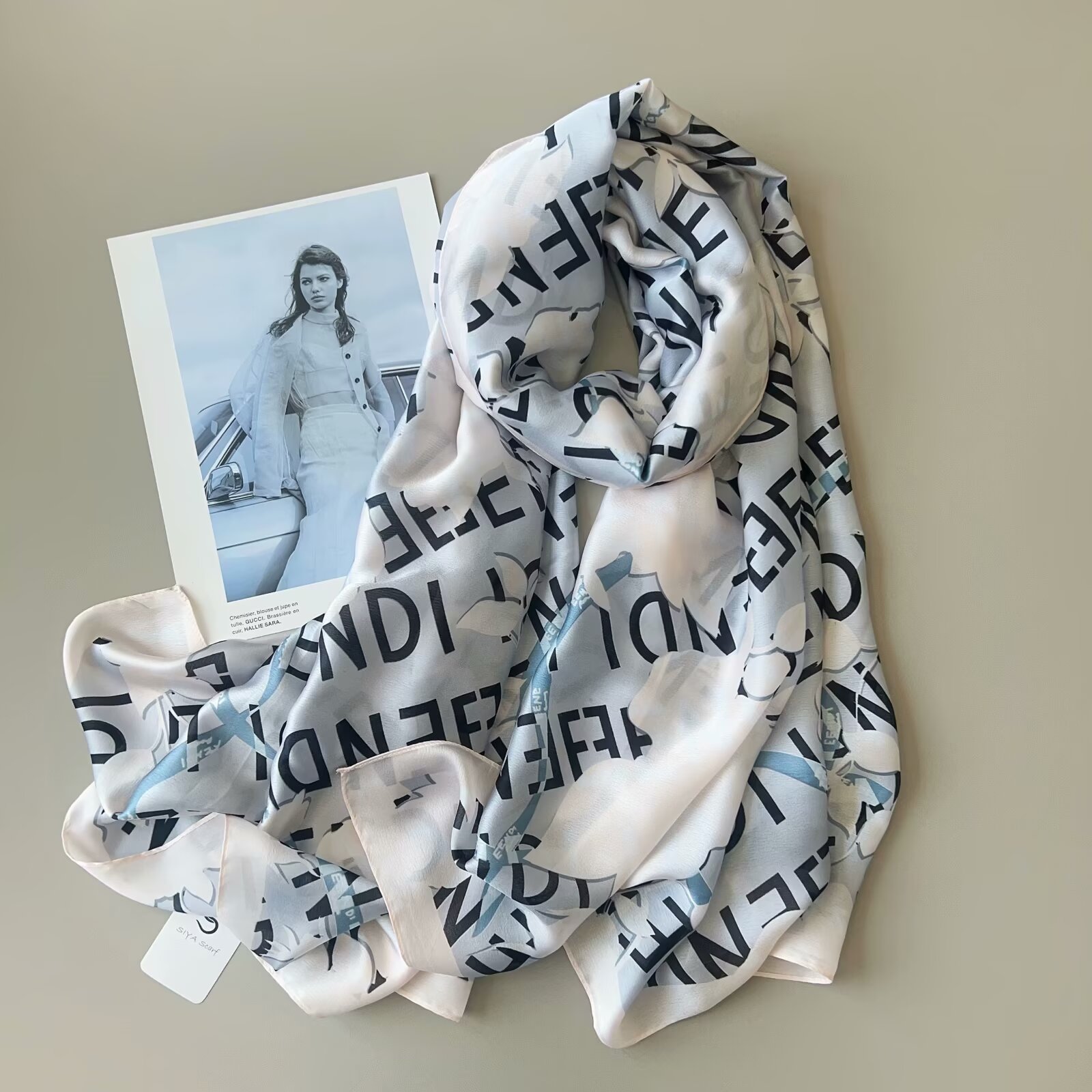 New Silk Satin Letter Flower Long Scarf Silky Smooth Long Silk Scarf Gauze Gauze Style Style All Scarf Sunblock Beach Towel Item Picture