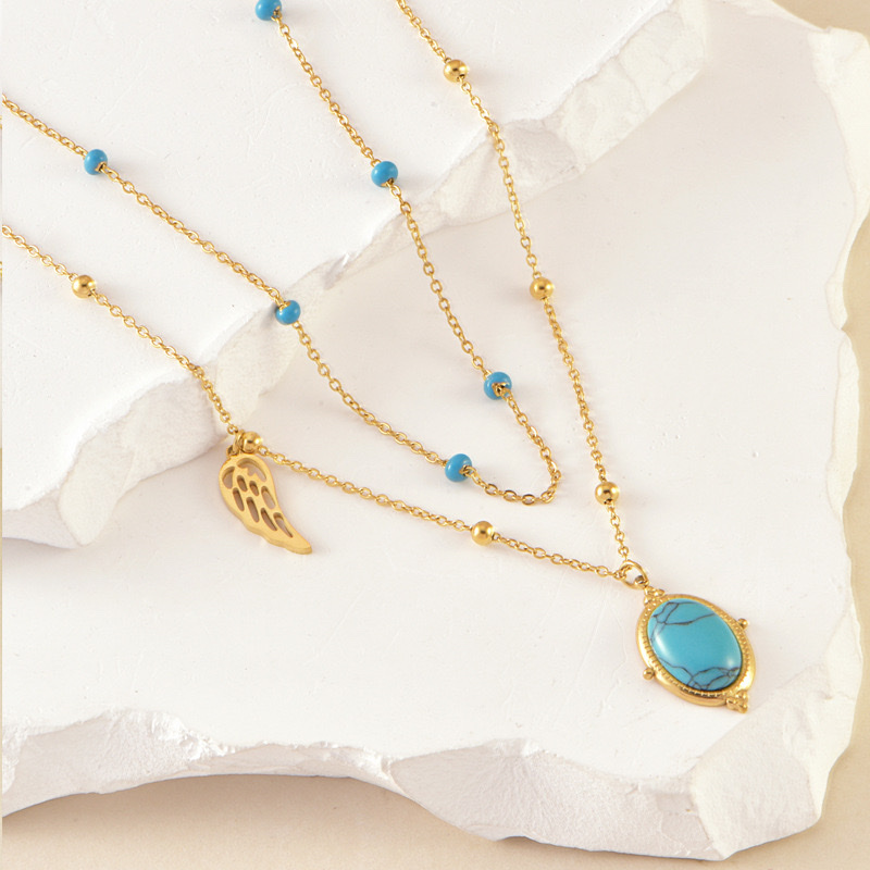 French retro double-layer collarbone chain, oval blue turquoise pendant, angel wing stacked necklace, new style that won't fade Specification image
