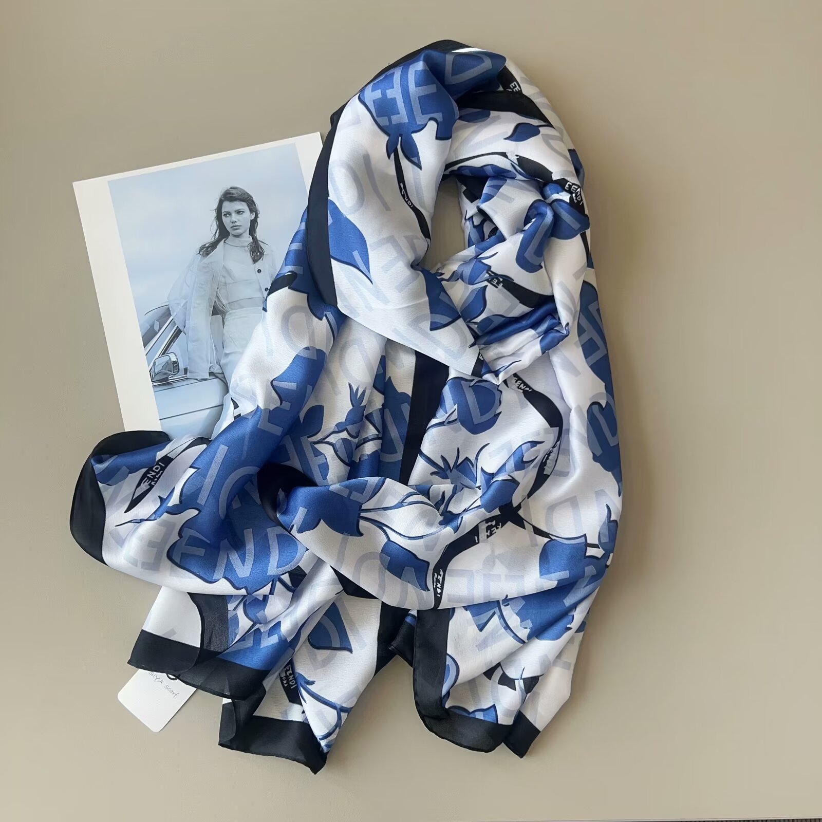 New Silk Satin Letter Flower Long Scarf Silky Smooth Long Silk Scarf Gauze Gauze Style Style All Scarf Sunblock Beach Towel Application Scenario