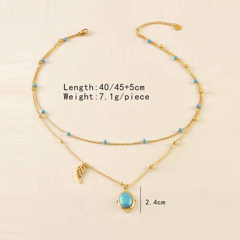 French retro double-layer collarbone chain, oval blue turquoise pendant, angel wing stacked necklace, new style that won't fade Application Scenario