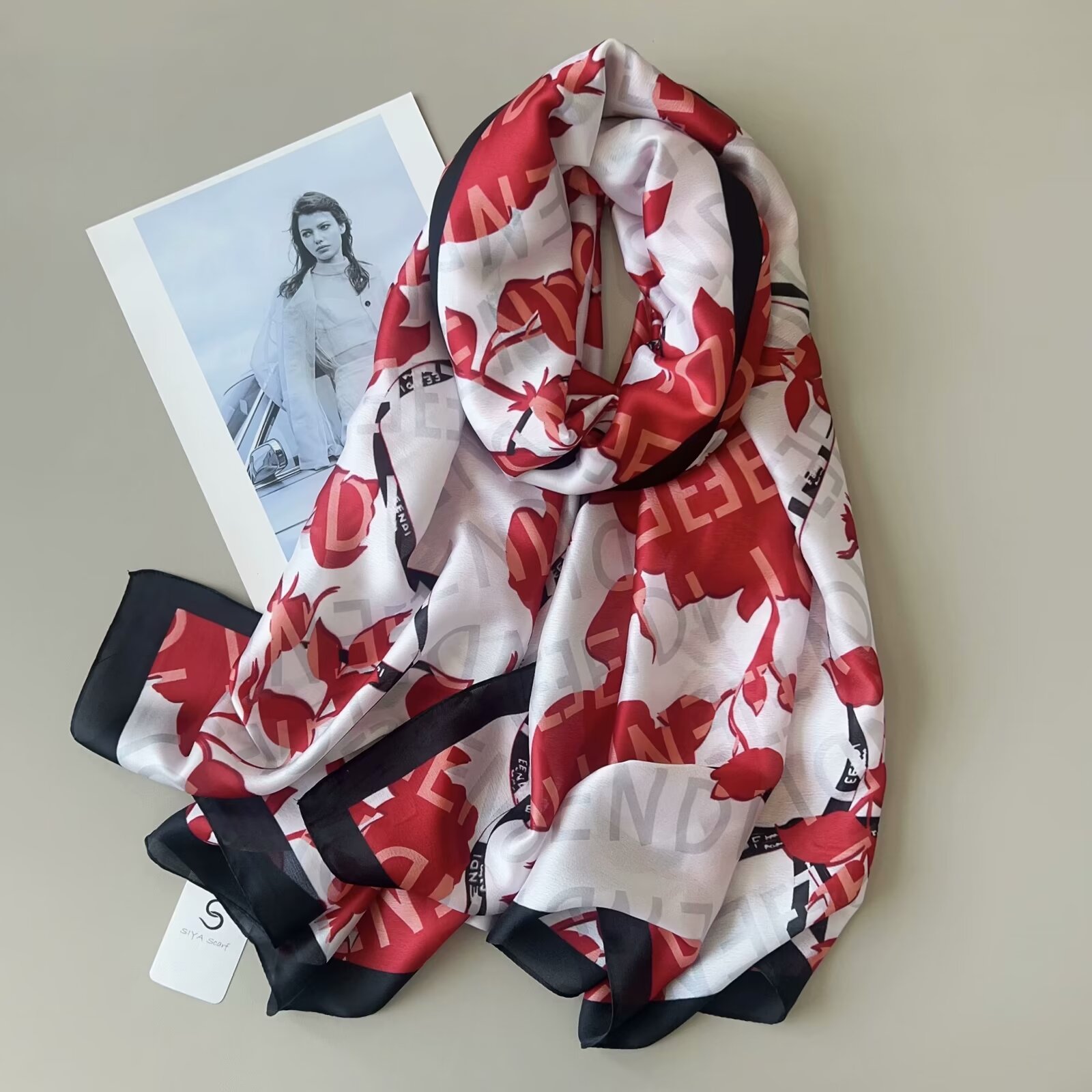 New Silk Satin Letter Flower Long Scarf Silky Smooth Long Silk Scarf Gauze Gauze Style Style All Scarf Sunblock Beach Towel details Picture