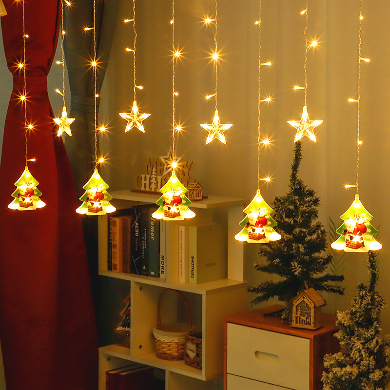 LED Christmas painted curtain lights, snowman socks, gift boxes, lollipops, window decoration, atmosphere, star lights, Christmas decorations, festive outfits Specification image