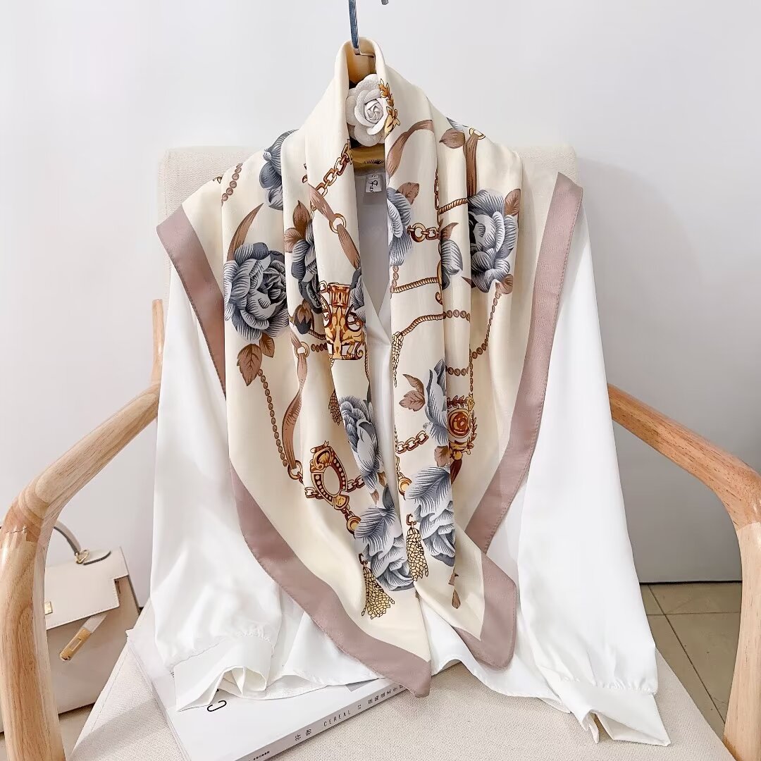 90 Square Scarf Twill Machine Printed Flower Chain Style Elegant 100 Popular Shawl Thin Sunscreen Simple Atmosphere details Picture