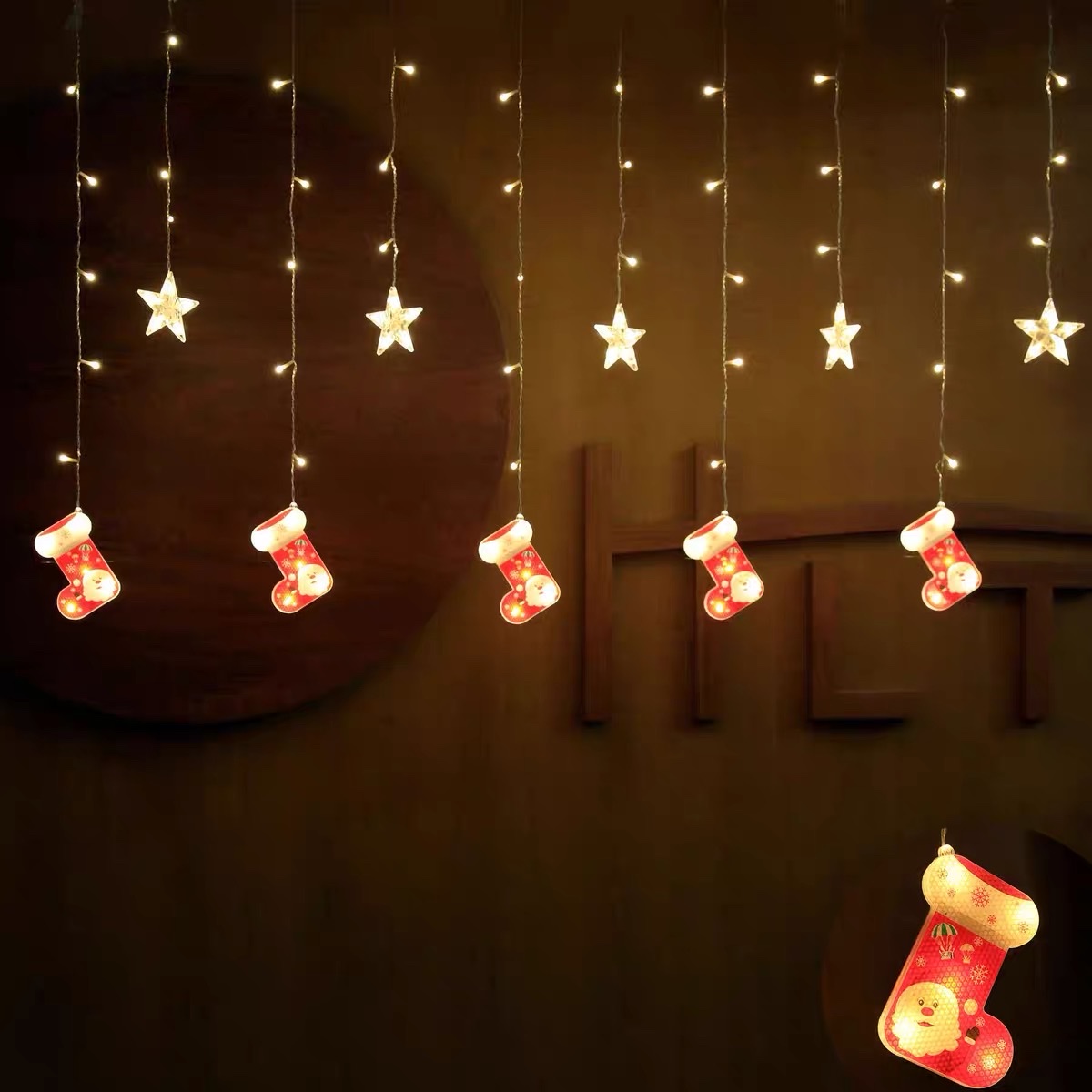 LED Christmas painted curtain lights, snowman socks, gift boxes, lollipops, window decoration, atmosphere, star lights, Christmas decorations, festive outfits detail image 1