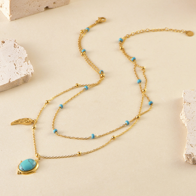 French retro double-layer collarbone chain, oval blue turquoise pendant, angel wing stacked necklace, new style that won't fade details Picture