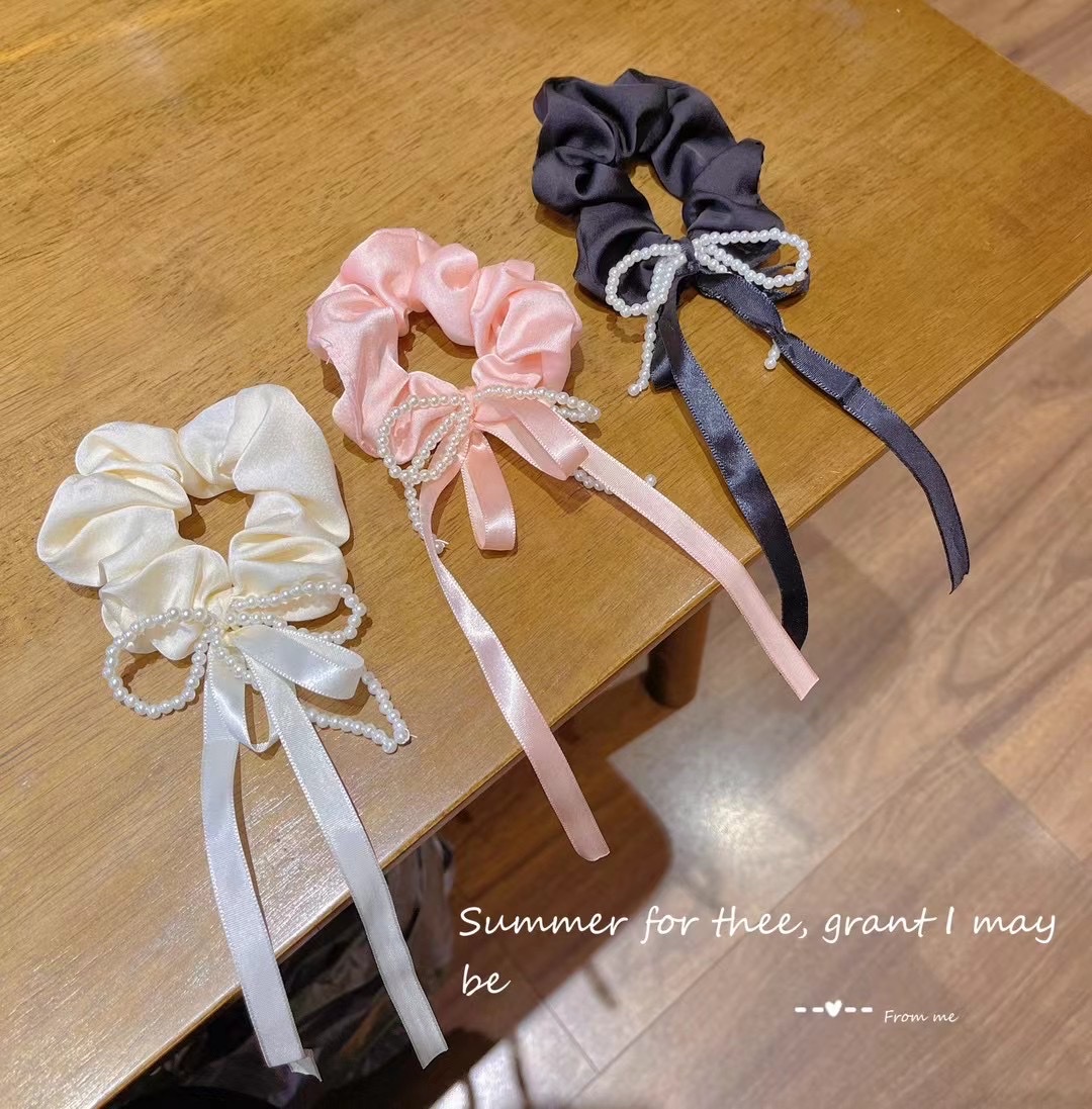 珍珠蝴蝶结褶皱肠圈高级感法式气质淑女发圈扎头发马尾发饰新款详情图3