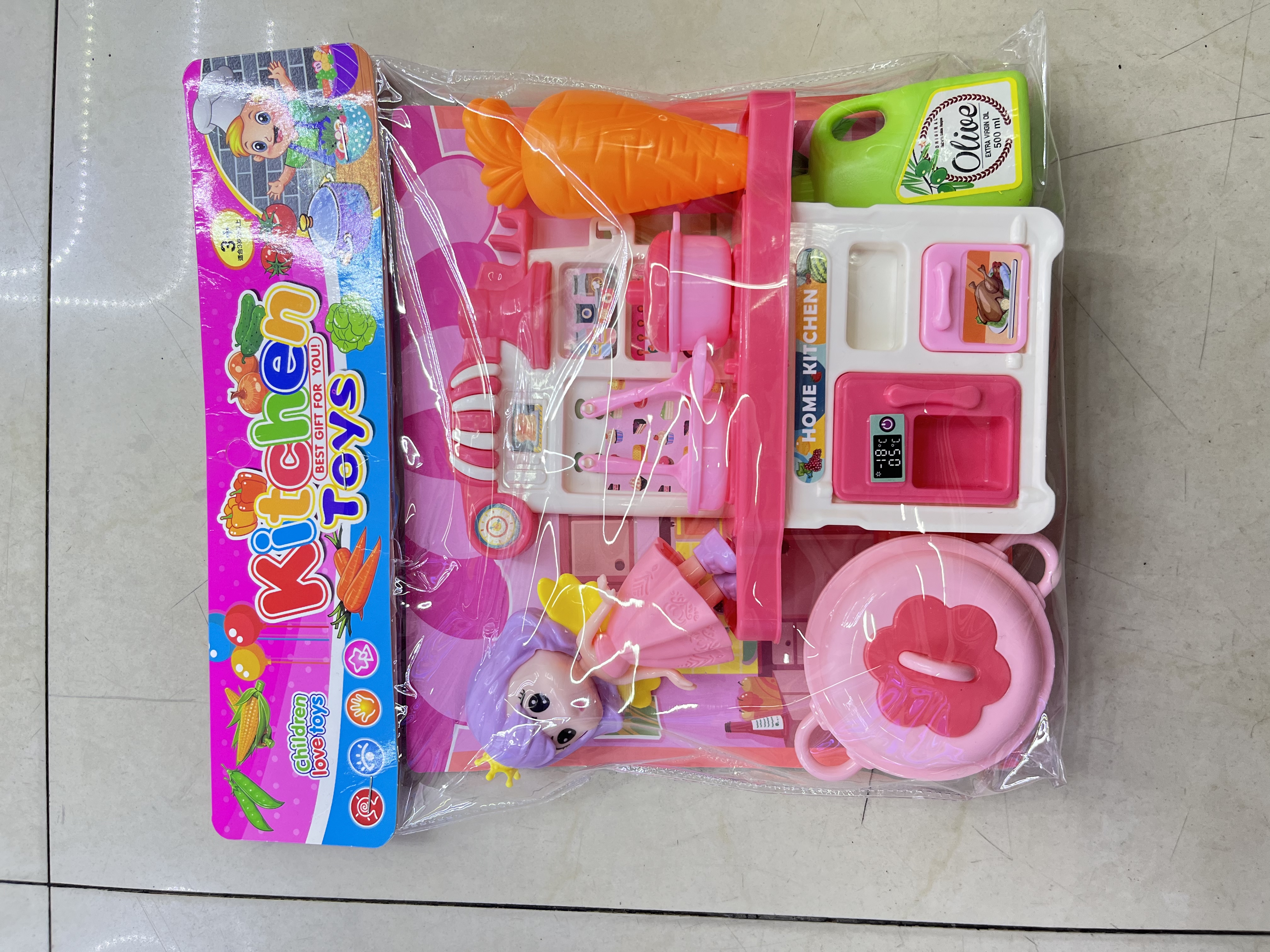 新款8018-15儿童过家家厨房餐具玩具套装带小公主，整体厨房，3个锅，胡萝卜，洗洁精，铲子，汤勺，厨房海报PVC袋包装详情图5