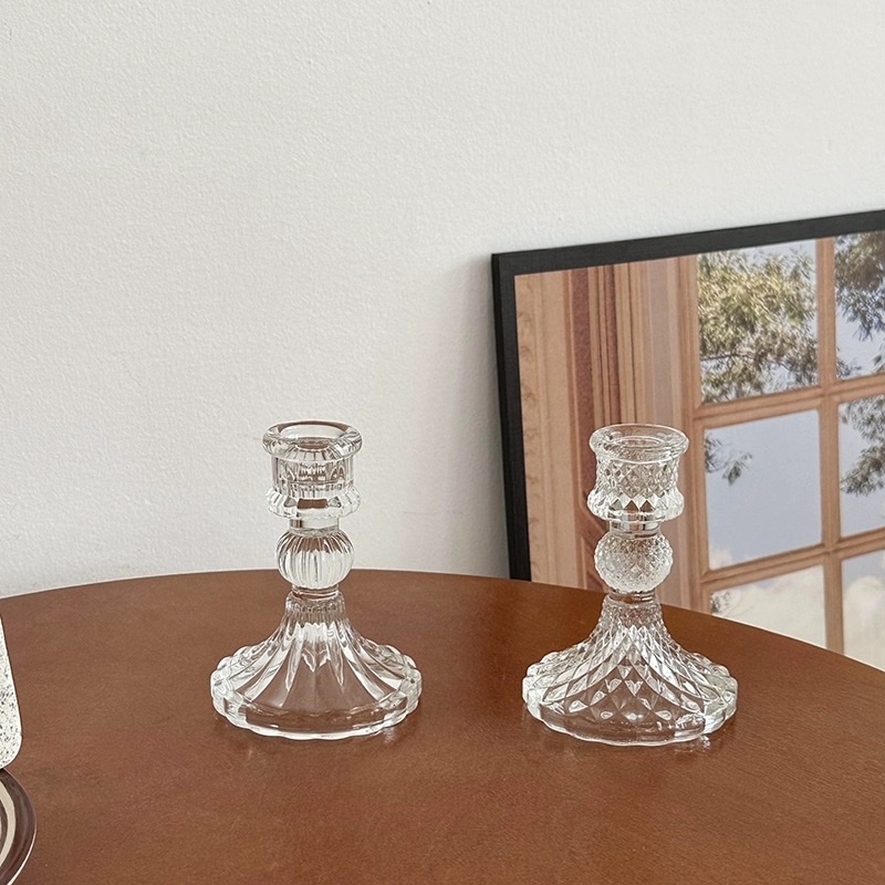 European retro embossed crystal glass candlestick, romantic decorative item for living room dining table, ins scented candle stand details Picture