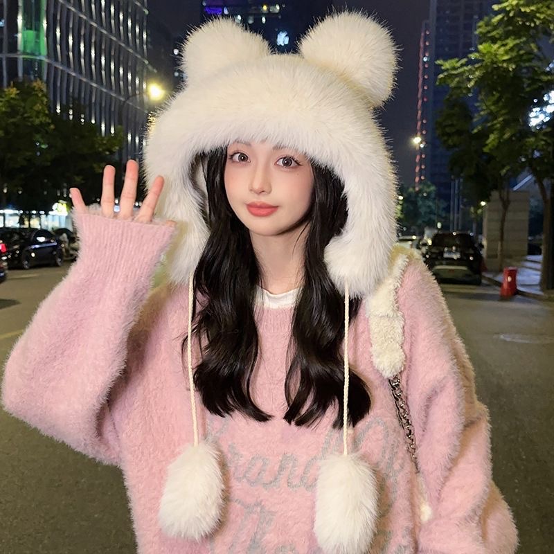 冬季新款大板女仿狐狸毛雷锋帽针织毛线甜美可爱护耳保暖渔夫帽 