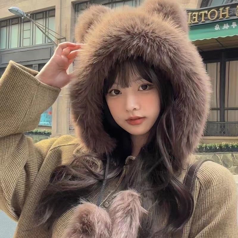 冬季新款大板女仿狐狸毛雷锋帽针织毛线甜美可爱护耳保暖渔夫帽 详情图11