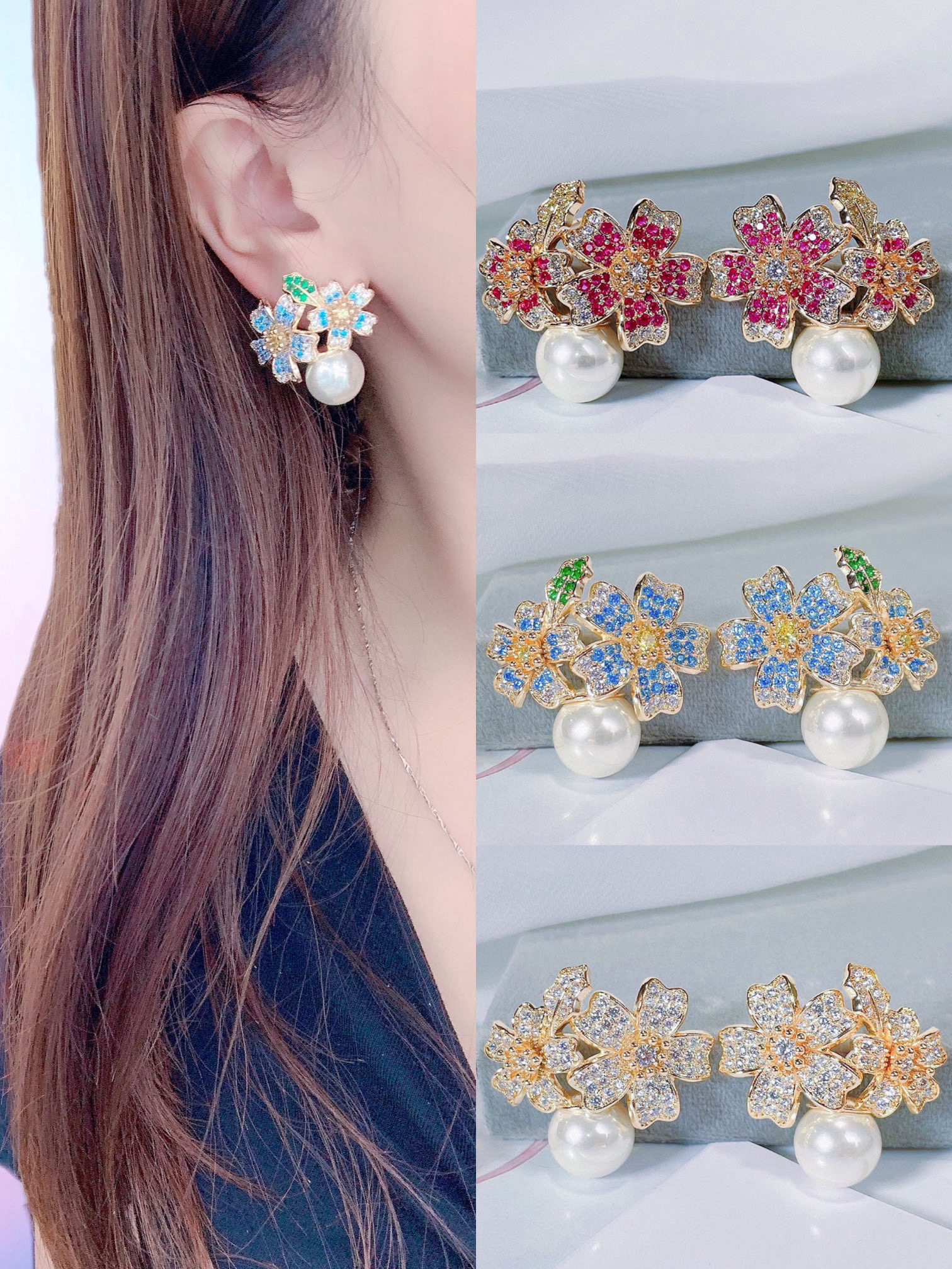 秀美一族    新品 璀璨彩色锆石微镶花朵珍珠耳钉 耳饰 耳环  da niu银针 金色条码价106 彩色条码价116饰