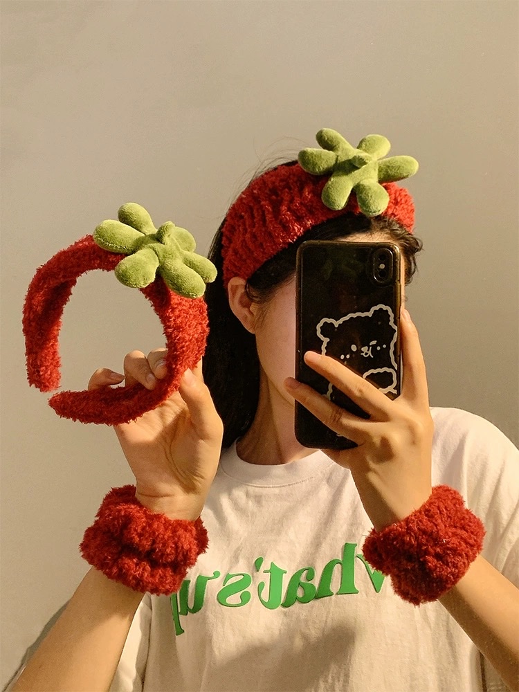 可爱红色草莓毛绒洗脸发带女敷面膜头箍化妆专用束发带发箍发带发箍