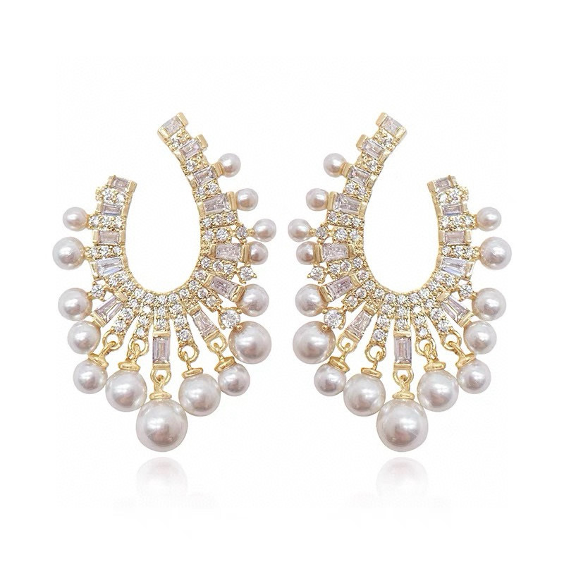 秀美一族欧美几何形耳环S925银针微镶锆石闪亮珍珠流苏耳钉耳饰条码价121饰品细节图