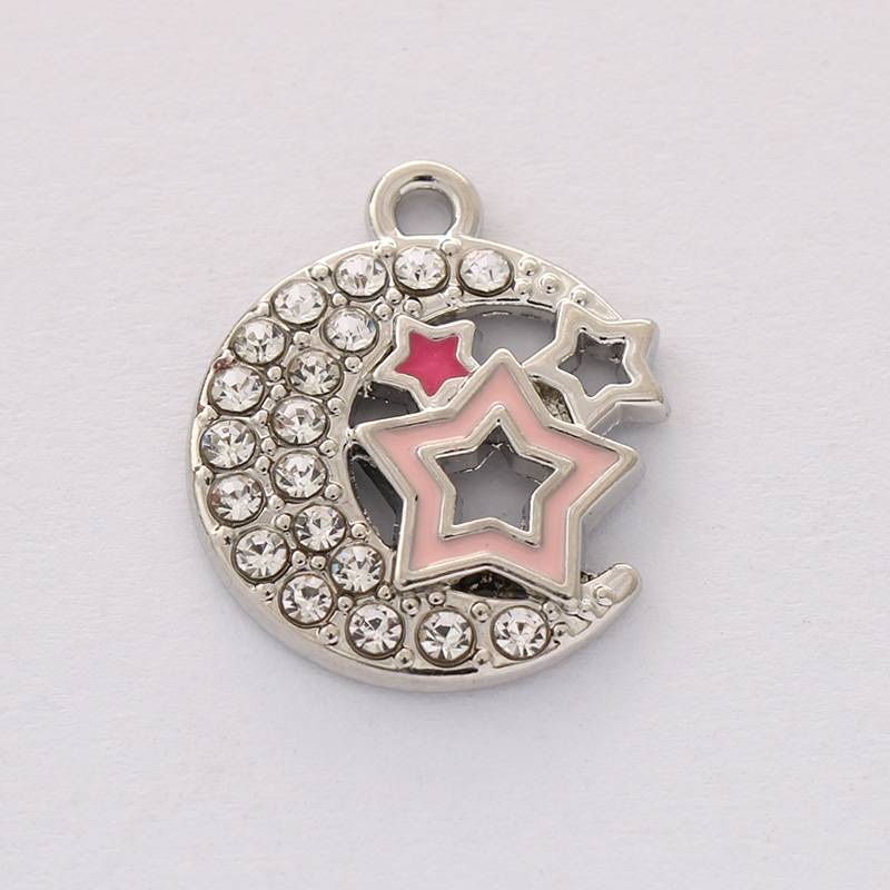 DIY new creative and fashionable design sense diamond and oil drip alloy moon five-pointed star jewelry earrings pendant details Picture