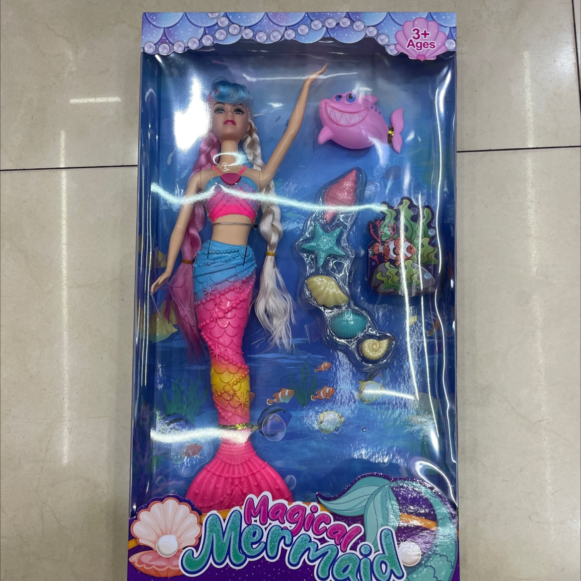 11.5寸实心身体长头带灯关音乐美人鱼娃娃搭配鱼 海螺海星多款配件