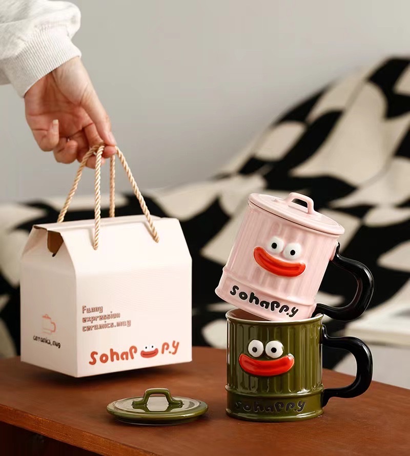 陶瓷杯带盖马克杯浮雕杯独特设计高品质美观实用稀奇古怪水杯生日礼物搞笑搞怪小众设计感陶瓷马克杯子女生伴手礼笑脸创意手工详情图4